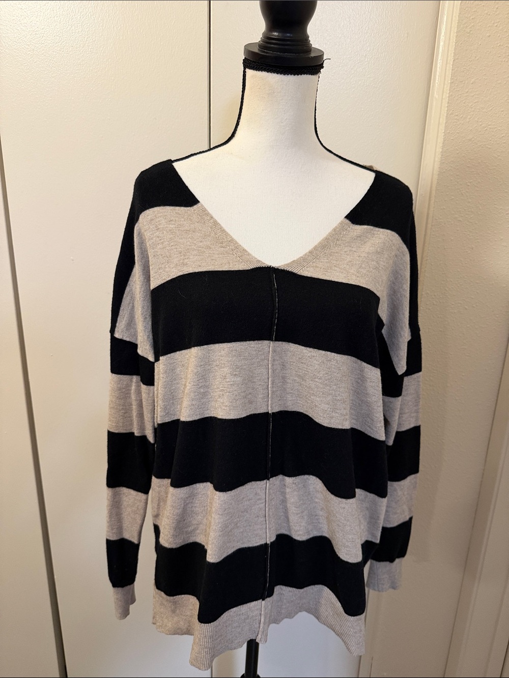 white birch Striped V-Neck Oversized Sweater - Black & Gray